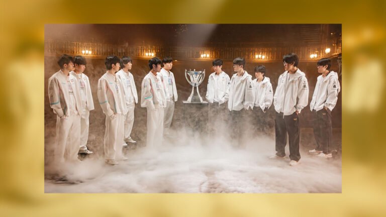 Imagen de los equipos de BLG y T1 enfrentados frente a la copa de los Mundiales