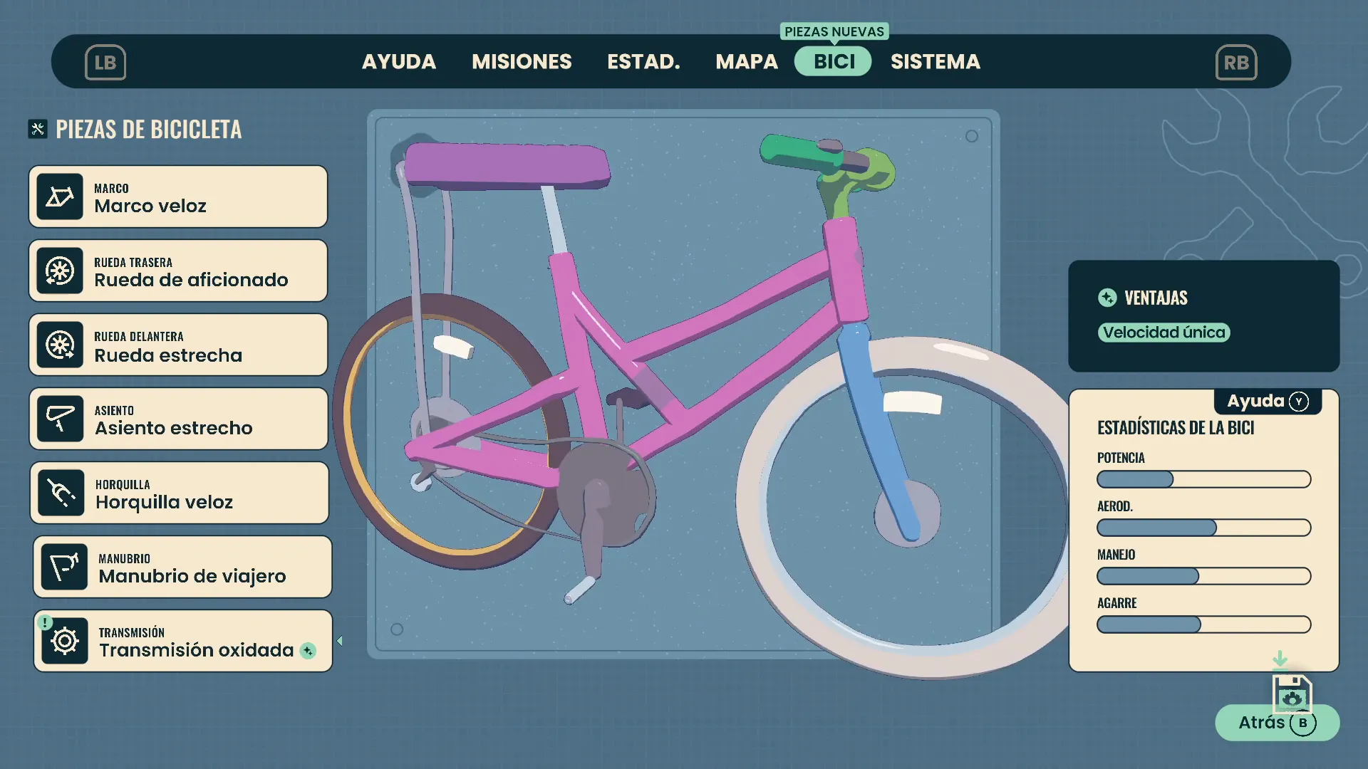 Menú de modificación de la bicicleta en Wheel World