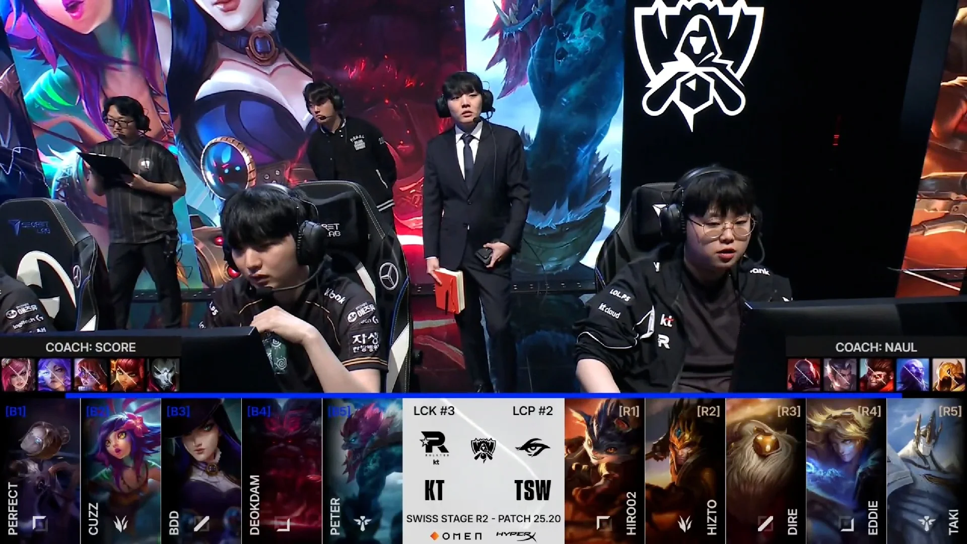 Draft del segundo partido de la jornada 4 de los Mundiales 2025 entre KT y TSW