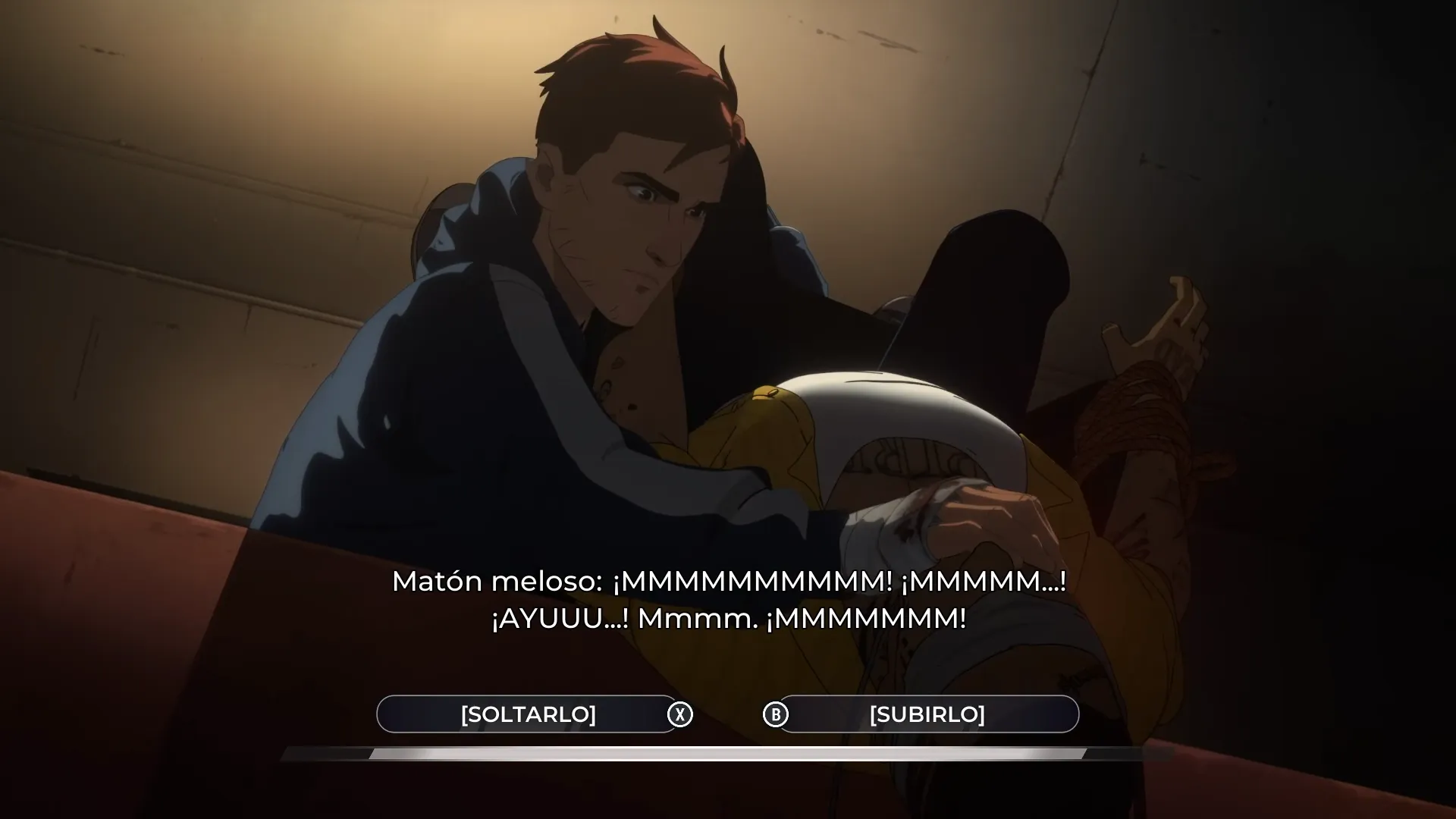 Una opción de diálogo de Dispatch entre lanzar a alguien por el balcón o no