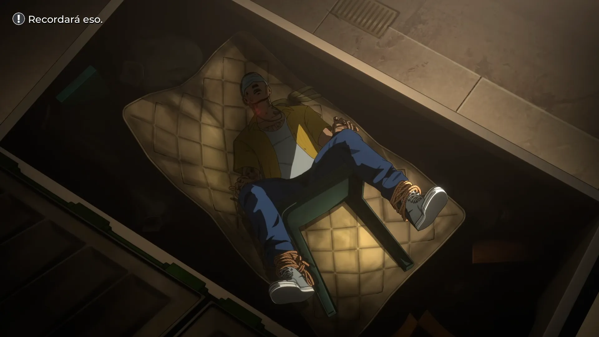 Personaje de Dispatch arrojado a un cubo de basura con seguridad