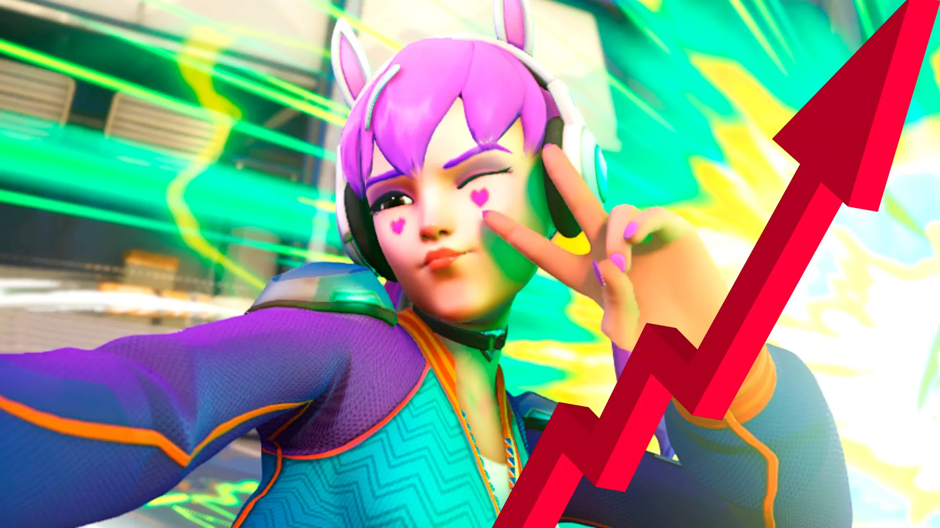 D.Va con una línea subiendo simbolizando el pico de jugadores de Overwatch