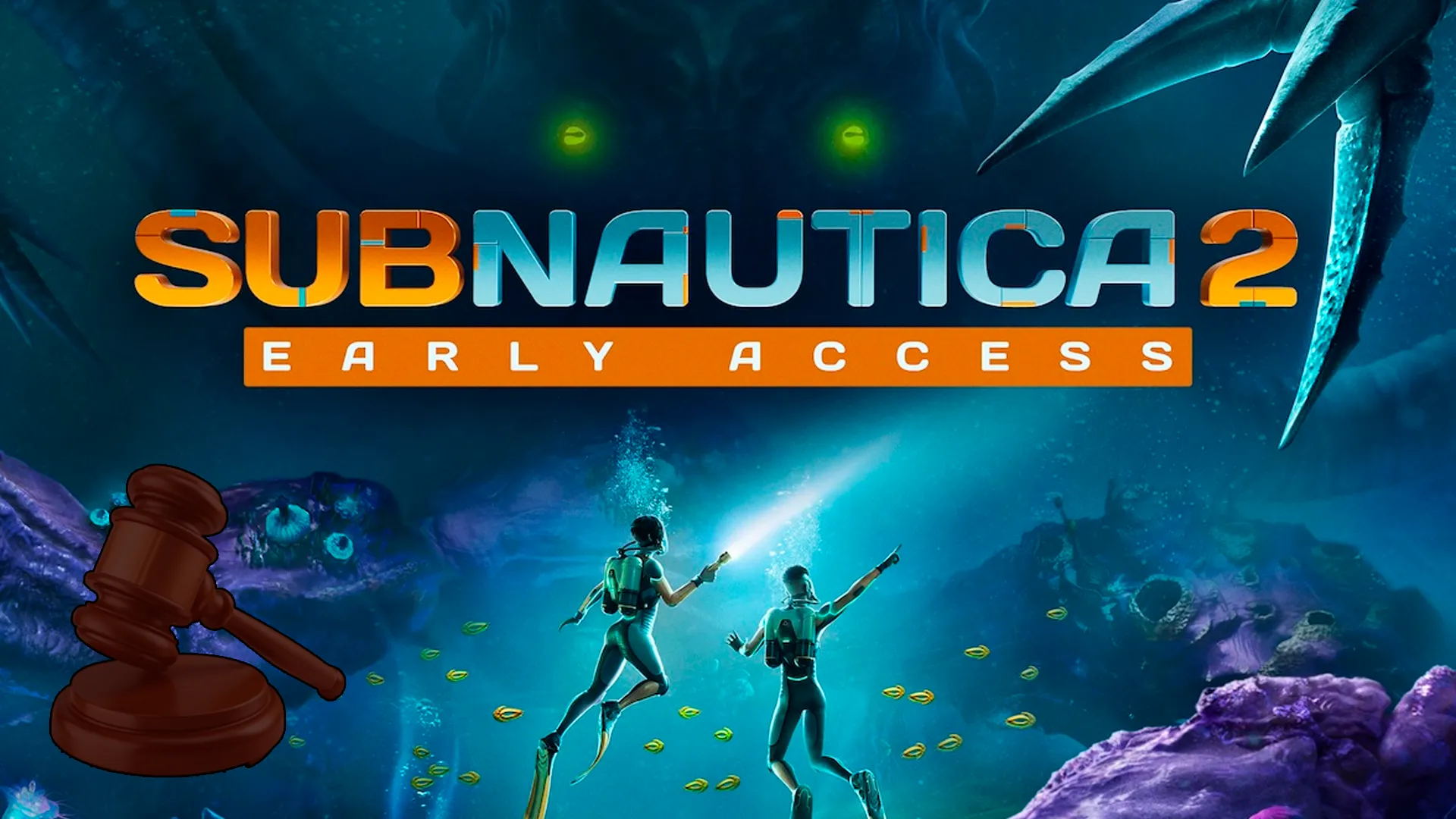 Subnautica 2 con un martillo de juez para simbolizar problemas legales