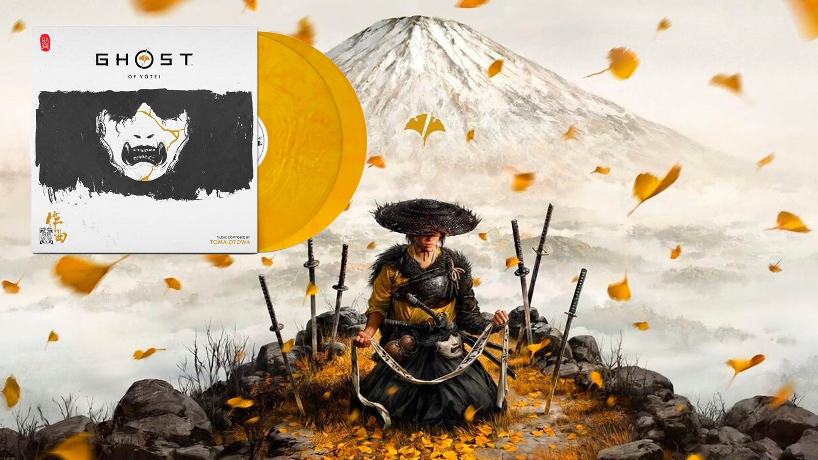 Portada de Ghost of Yotei junto a sus nuevos discos de vinilo