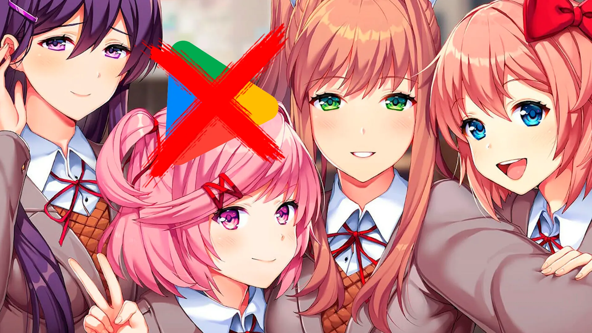 Las chicas de Doki Doki Literature Club! con el logo de la Play Store tachado