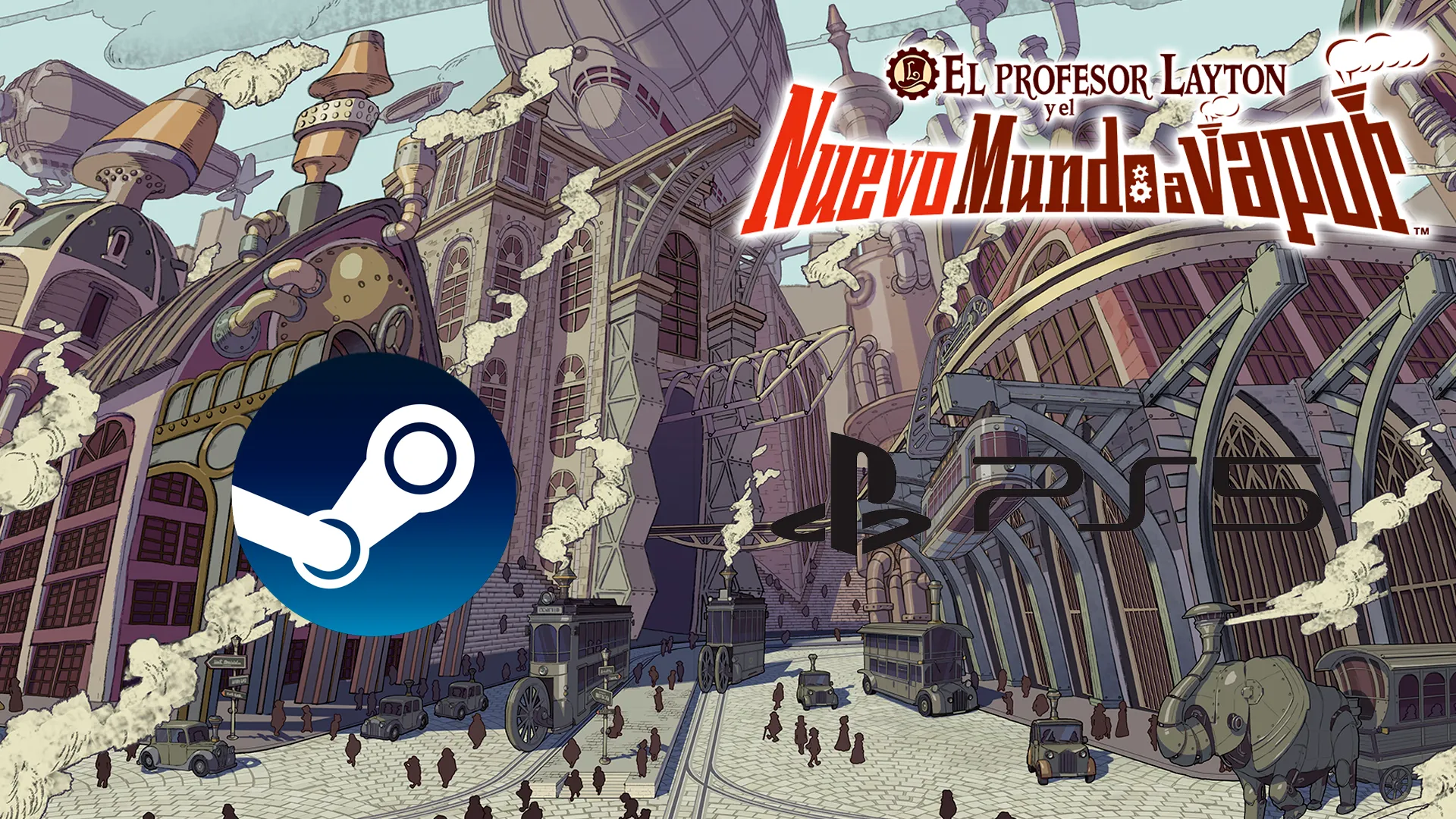 Portada de El Profesor Layton y el Nuevo Mundo a Vapor con los logos de Steam y PlayStation 5