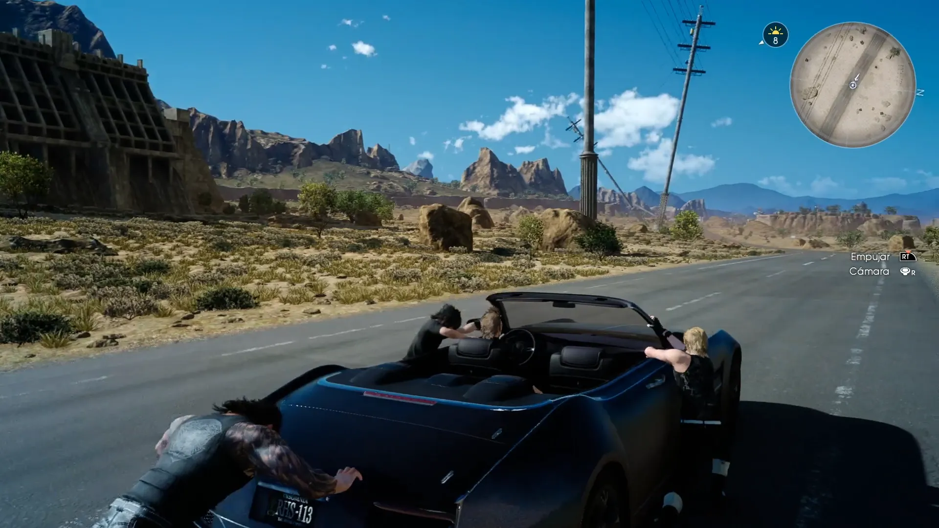 Noctis, Prompto y Gladiolus remolcando el Regalia