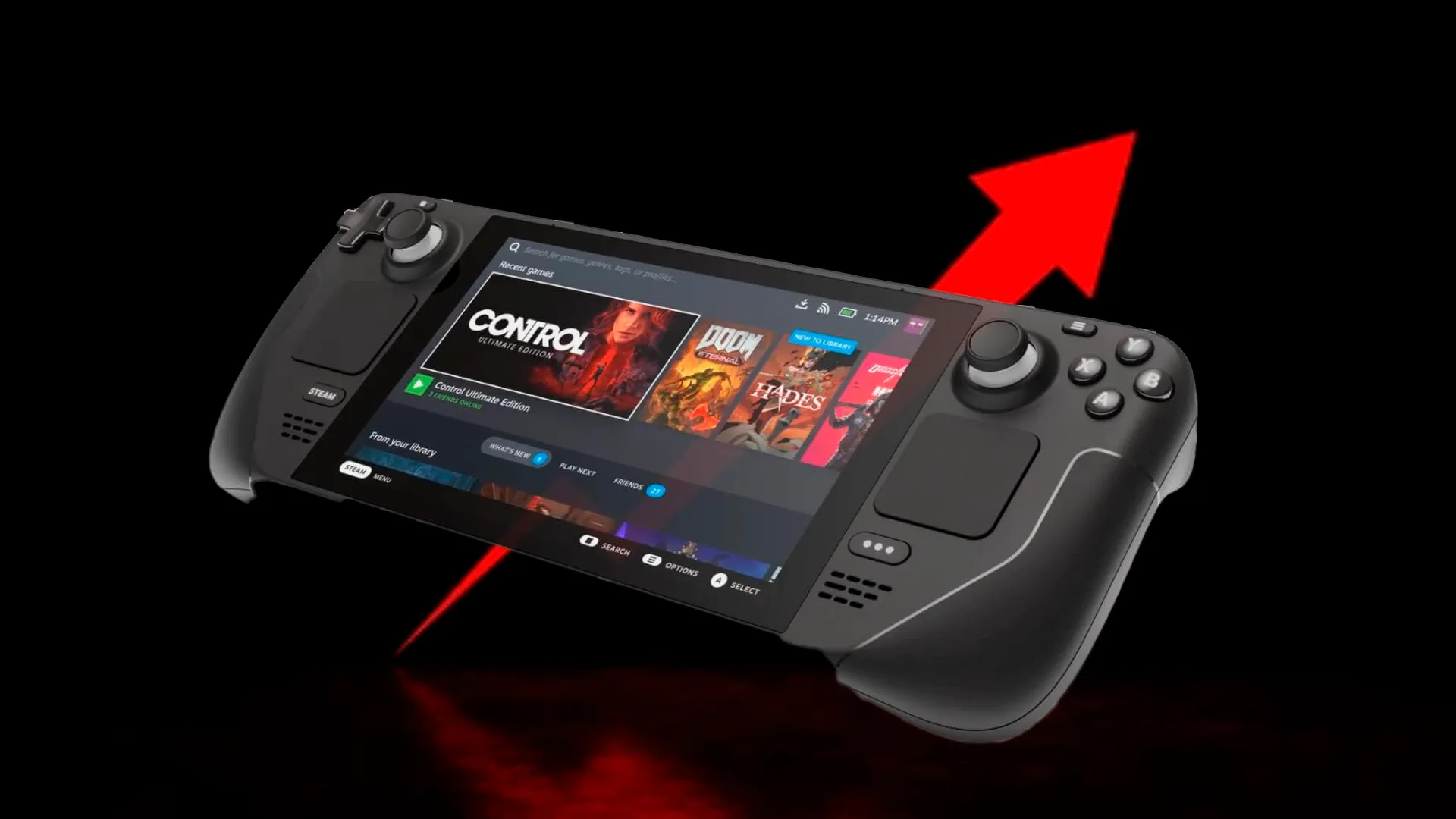 Steam Deck con una flecha roja subiendo de fondo