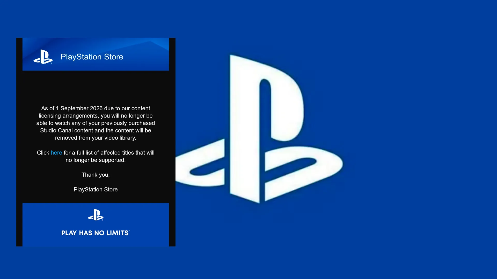 El logo de PlayStation con un mensaje que indica que se van a retirar películas de la biblioteca de los usuarios