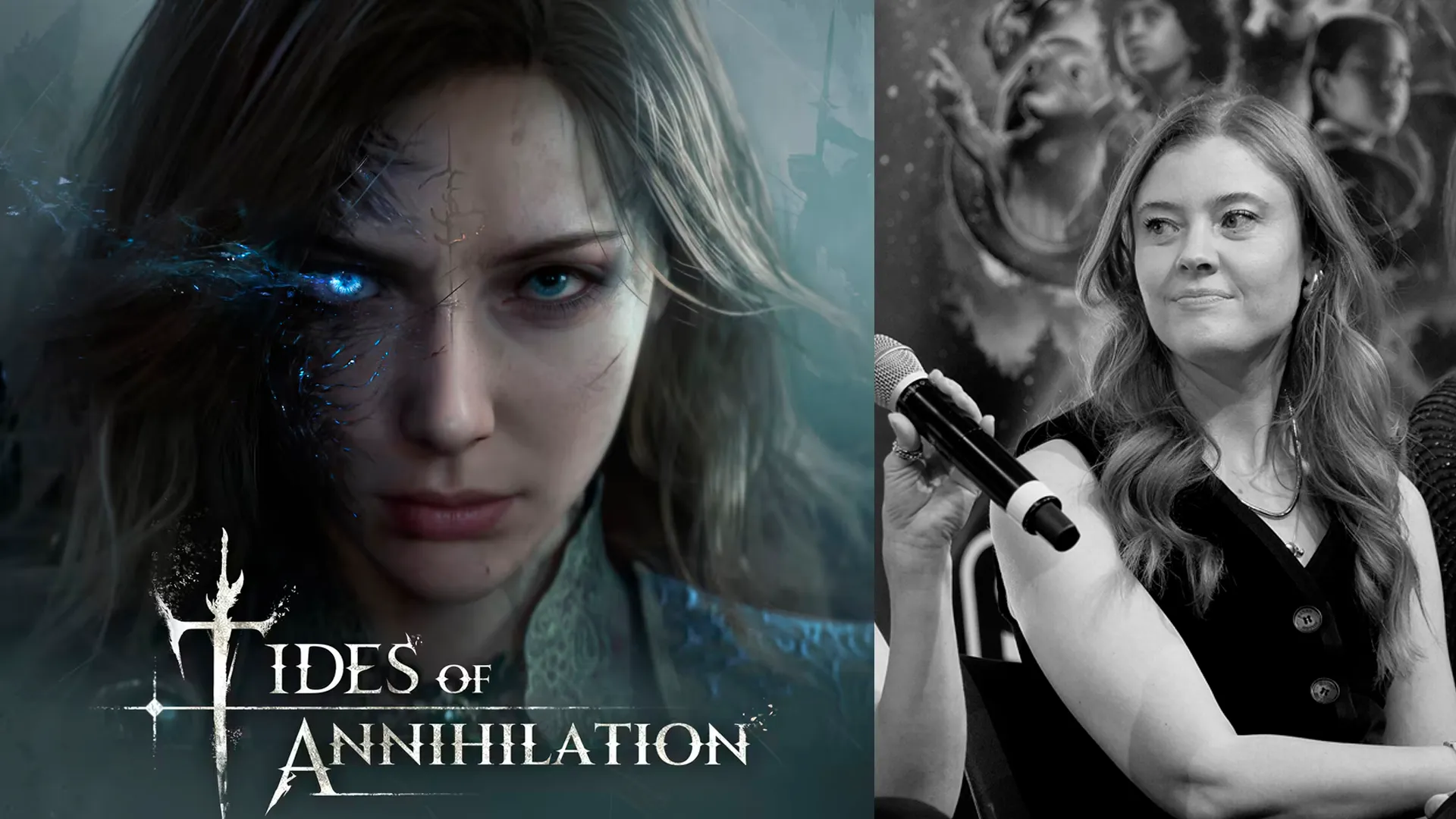 Portada de Tides of Annihilation con una imagen de Jennifer English en blanco y negro