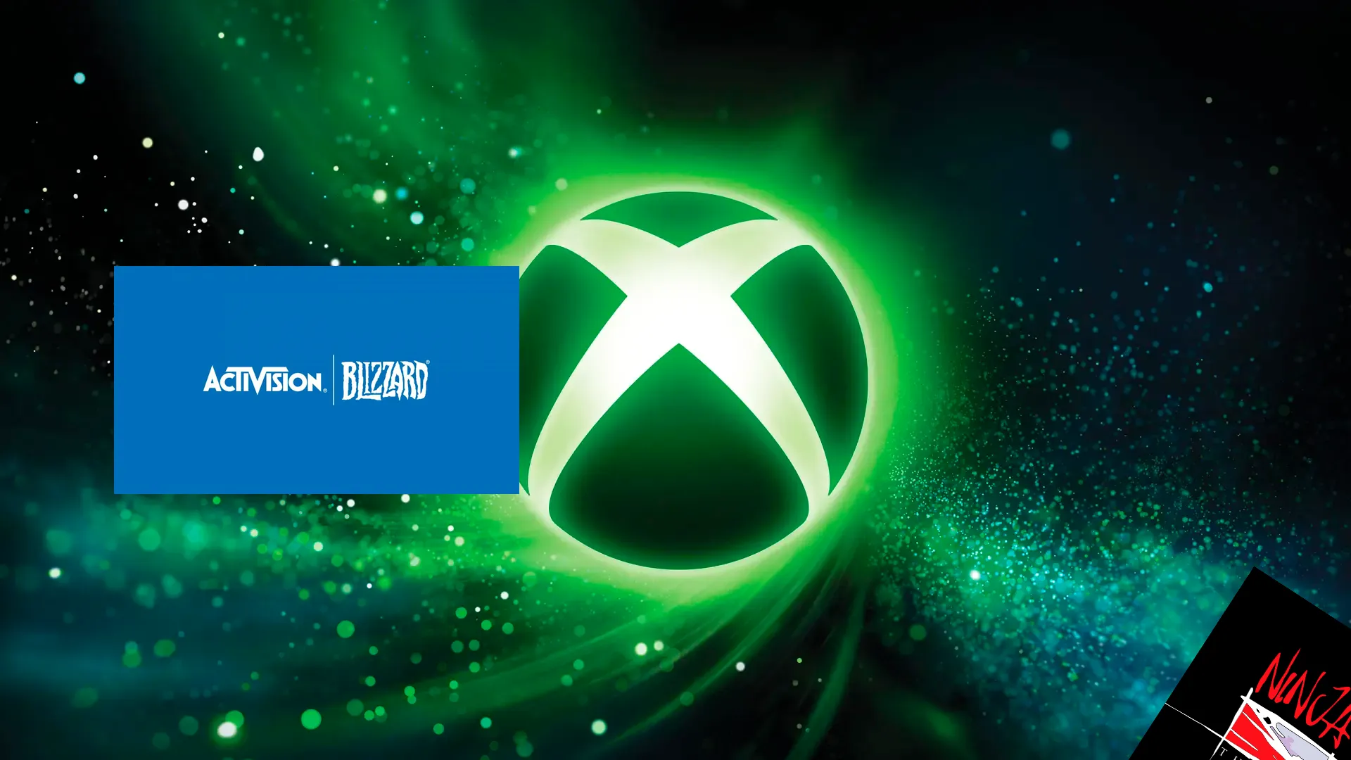 Logo de XBOX junto con el de Activision Blizzard y Ninja Theory hundiéndose