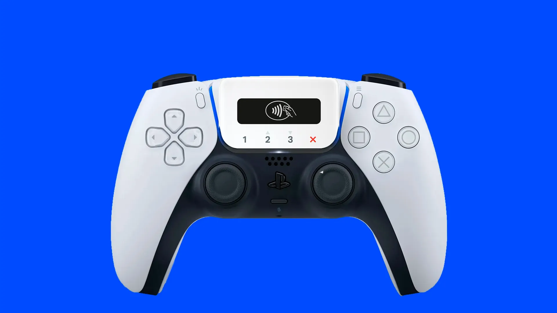 Mando de PlayStation 5 con un datáfono en medio