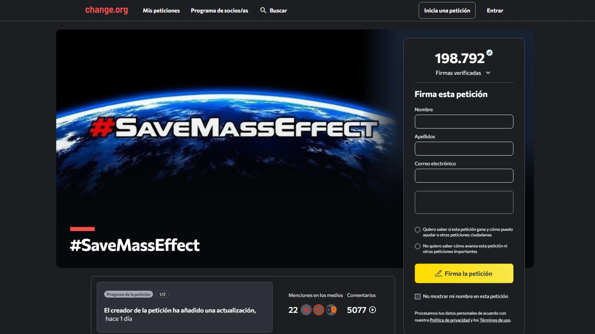 Petición de Change.org para salvar Mass Effect